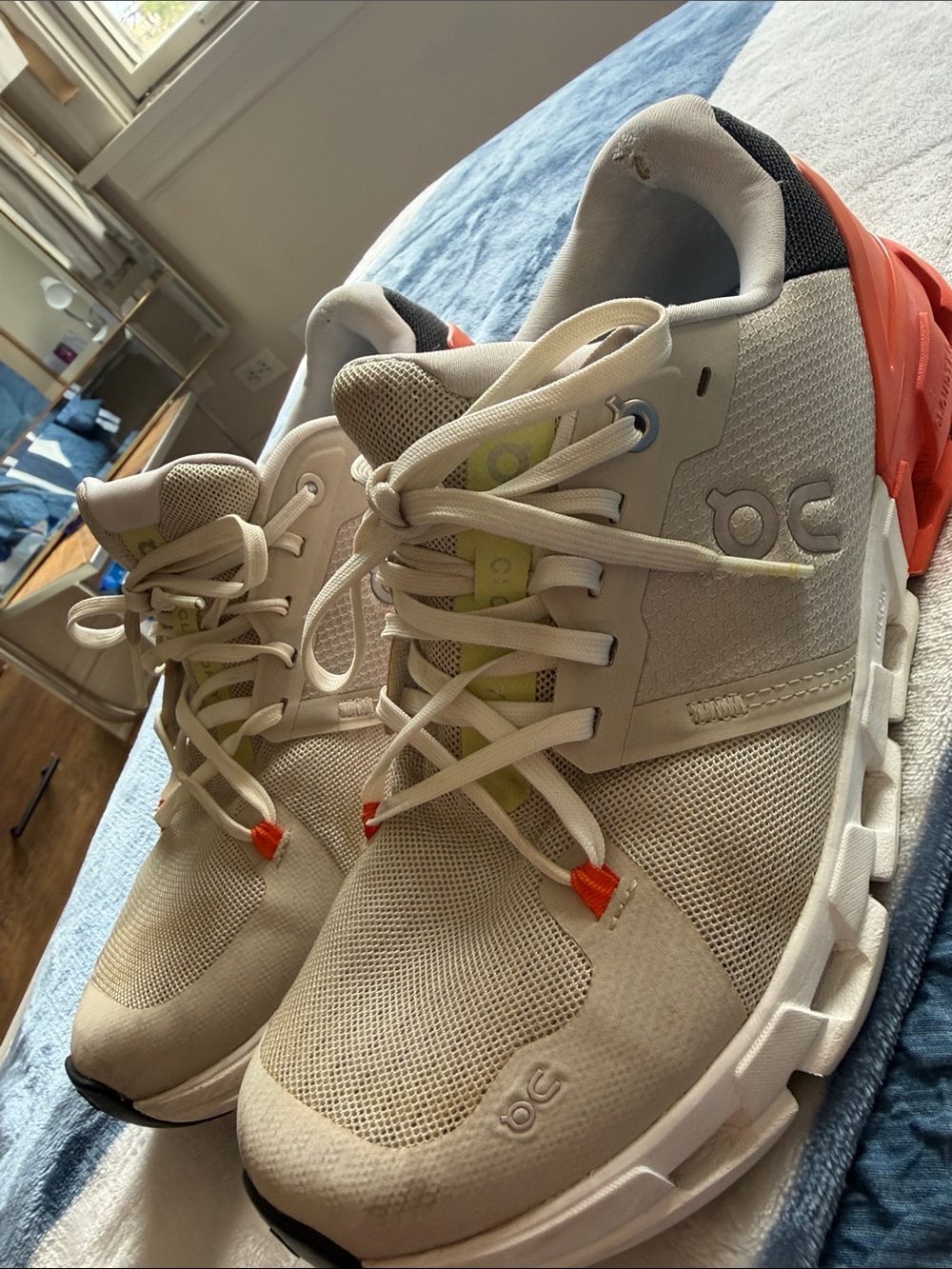 On Running Cream Sneakers with Coral and Lime Details